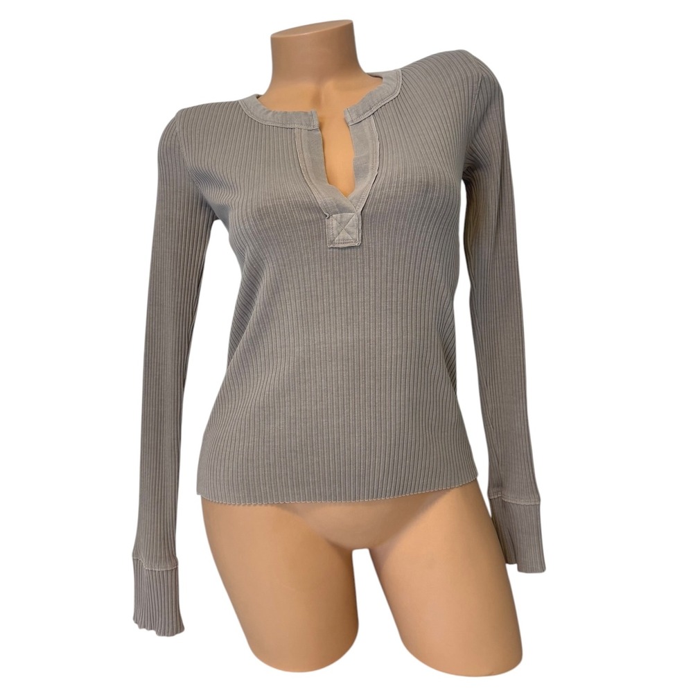 Aerie Womens XS Ribbed Long Sleeve Henley Shirt V-Neck Button Detail Casual Top